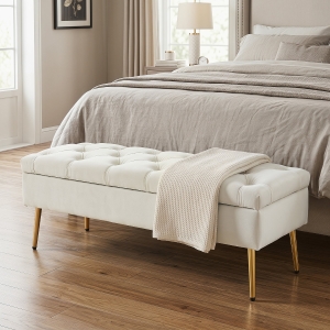 HOMCOM Upholstered Bedroom Bench with Gold Tone Metal Legs, Velvet Tufted and Thick Padding, Beige