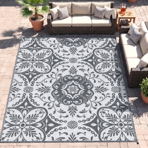 Outsunny Portable Outdoor Rug with Carry Bag, 9' x 12' Reversible Mat, Waterproof Plastic Straw RV Rug for Backyard, Deck, Picnic, Beach, Camping, Gray & White Flower