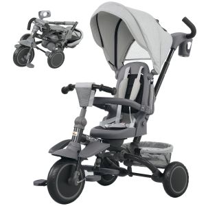 Qaba 6 in 1 Kids Tricycle with Adjustable Push Handle, Removable Canopy, Reversible Seat, for 1-5 Years, Gray