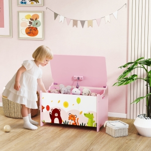 Qaba Kids Storage Chest with Lid, Toy Box Organizer with Safety Hinges for Playroom, Bedroom, Living Room, Pink