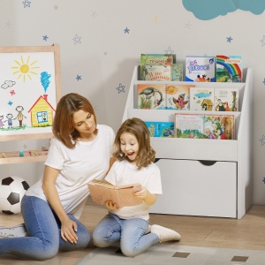 Qaba Kids Bookshelf with 3 Tier Display Shelves, Drawer for Nursery, White