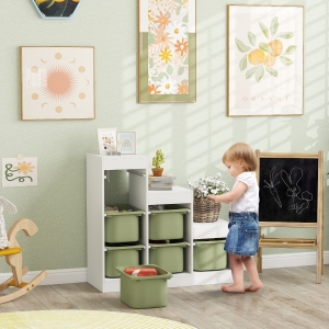 Qaba 3 Layers Toy Storage Organizer Kids Bookshelf Children Toy Storage w/ 6 Plastic Bins, Green
