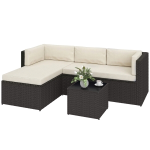 Outsunny 3 Piece Patio Furniture Set, Wicker Outdoor Patio Conversation Furniture Set with Cushions, Glass Top Table, Beige