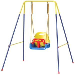 Qaba 3 in 1 Toddler Swing Set, Folding Child Swing Set with Seat Belt, Adjustable Seat for Outdoor Indoor, Blue