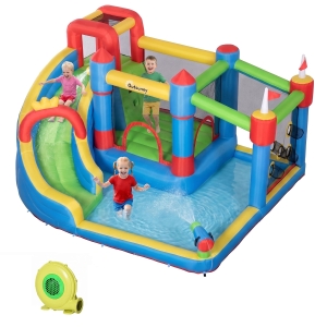Outsunny 6-in-1 Inflatable Water Slide with Splash Pool, Slide, Climbing Wall, Water Cannon, Inflatable Bounce House for Kids with 2 Min. Inflation and Air Blower