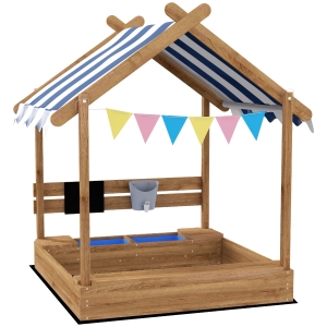 Outsunny Wooden Sandbox with Canopy, House Design for 3-7 Years Old, Brown