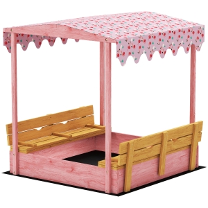 Qaba Wooden Sandbox with Cover, Kids Sandbox Outdoor with Seat, Bottom Liner, Canopy for Ages 3-6, Flamingos Print, Pink