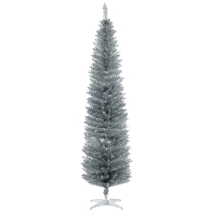 HOMCOM 7ft Unlit Pencil Artificial Christmas Tree with Realistic Branches and 499 Tips, Plastic Base, Silver