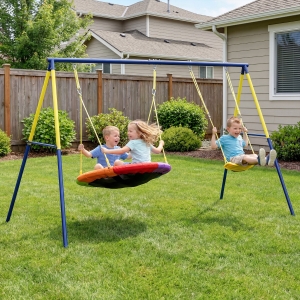 Qaba Kids Swing Set with Double Swings, Outdoor Playset with Adjustable Ropes, Metal Frame for Ages 3-8, 150kg Capacity