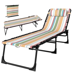 Outsunny Folding Chaise Lounge Pool Chair with 4-Position Reclining Back, Pillow, Breathable Mesh & Bungee Seat, Rainbow Striped