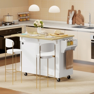 HOMCOM Kitchen Island Cart with Charging Station and Drop Leaf, Kitchen Island Table on Wheels with Trash Can Cabinet, White