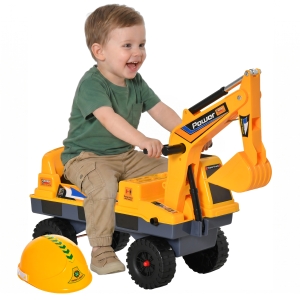 Qaba No Power 2 in 1 Ride On Excavator with Helmet and Claw, Construction Truck Set, Multi-Functional Digger with Storage, Light and Music, Yellow