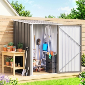 Outsunny 3.3' x 3.4' Lean-to Outdoor Garden Storage Shed, Galvanized Steel with Lockable Door for Patio Brown and White