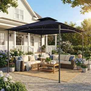 Outsunny 10' x 10' Gazebo, Soft Top Outdoor Gazebo with 2-Tier Roof, Metal Frame, Navy Blue