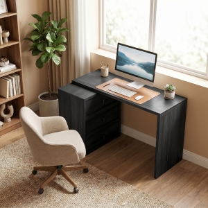 HOMCOM L Shaped Computer Desk Home Office Desk with 3 Drawers Black Wood Grain