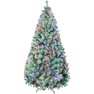 HOMCOM 9' Artificial Snow Christmas Trees with Frosted Branches, Warm White or Colorful LED Lights, Steel Base
