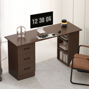 HOMCOM Computer Desk, 55" Writing Table with 3-Tier Shelves and 3 Reversible Drawers for Home Office, Bedroom, Walnut