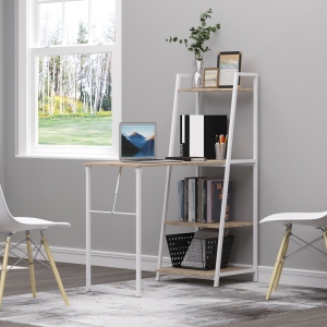 HOMCOM Computer Desk with Storage Sheves and Foldable Tabletop, Writing Desk for Home Office and Study, White, Natural