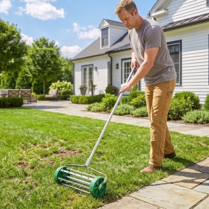 Outsunny Manual Lawn Aerator with Adjustable Handle, Lawn Aerator Machine, Grass Aerator for Lawn, Yard, Garden