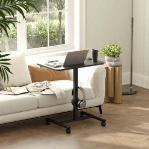 HOMCOM Height Adjustable Standing Desk, Pneumatic Sit Stand Desk with Wheels and Headphone Hook, Black Wood Grain