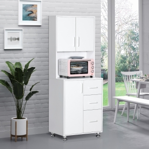 HOMCOM Modern Kitchen Cupboard with Storage Cabinet Hutch, 2 Cabinets, 3 Drawers and Open Countertop, White
