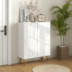 HOMCOM Narrow Shoe Storage Cabinet with Soft-Close Hinges and Adjustable Shelves for 15-20 Pairs of Shoes, High Gloss White