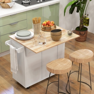 HOMCOM Kitchen Island with Power Outlet and Drop Leaf, Rolling Kitchen Cart with 2 Drawers and Adjustable Shelves, White