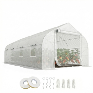 Outsunny 20 x10 x7 ft Walk-in Tunnel Greenhouse with Zippered Mesh Door and 8 Mesh Windows, Gardening Plant Hot House with Galvanized Steel Hoops, White