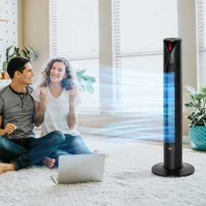 HOMCOM Freestanding Tower Fan Cooling for Home Bedroom with 3 Speed, 12h Timer, Oscillating, LED Sensor Panel, Remote Controller, Black