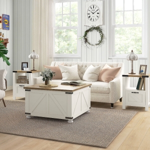HOMCOM Side Table with Storage, Farmhouse End Table with Drawer, Open Shelf and Barn-style Panel, Nightstand for Living Room, Bedroom, White