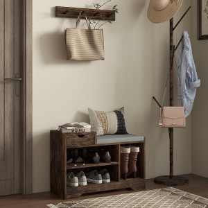 HOMCOM Upholstered Shoe Storage Bench, Hallway Shoe Storage with Seat, Drawer, 3 Open Shelves for Entryway, Rustic Brown