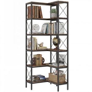 HOMCOM 5-Tier L-Shaped Bookshelf, Freestanding Bookcase with Metal Frame, Rustic Brown