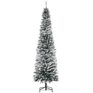 HOMCOM 7.5ft Flocked Christmas Tree, Pencil Artificial Xmas Tree with Faux Snow, Dense Branches, Foldable Metal Base for Indoor Holiday Decor