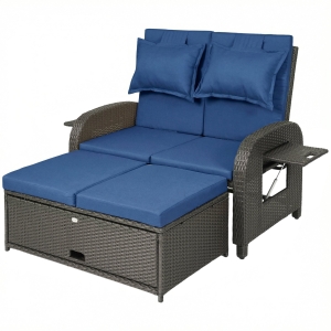 Outsunny Patio Rattan Daybed, Wicker Outdoor Daybed with Storage Ottoman, Loveseat w/ Adjustable Backrest, Navy Blue