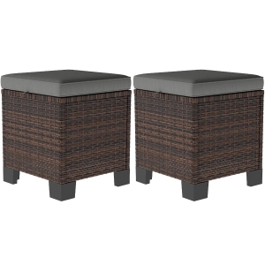 Outsunny 2 Piece Wicker Outdoor Ottomans with Cushions, Rattan Ottoman Footrest and Side Table for Patio, Yard, Poolside, Gray