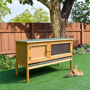 PawHut Wooden Rabbit Hutch, Indoor Outdoor Bunny Cage with Slide-Out Tray and Openable Roof, Small Animal Cage