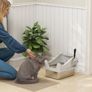 PawHut Cat Litter Box Stainless Steel with Metal Litter Scoop, Never Absorbs Odors, Anti Leakage, 17" x 13" x 10", Grey