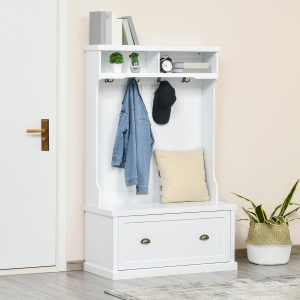 HOMCOM 64.5" H Hall Tree with Storage Drawer & Top Shelf, Coat Rack Wooden Entryway Storage Bench Hall Tree Hallway Clothes Bag Coat Rack 4 Hooks, White