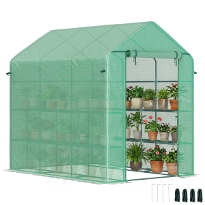 Outsunny 7' x 5' x 6' Walk-in Greenhouse for Outdoors with Mesh Door, 18 Shelf Hot House with Trellis, Plant Labels, UV Protective, Steel Frame for Growing Flowers, Herbs, Vegetables, Saplings, Green
