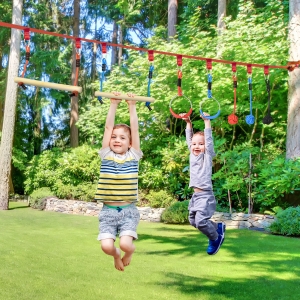 Outsunny Ninja Slackline Set, 30-Piece, 10m Rope with Obstacles, Climbing Frame, Playset Equipment for Children Aged 3-6