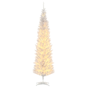 HOMCOM 7ft Pencil Christmas Tree, Slim Artificial Christmas Tree with Realistic Branches and Warm White LED Lights, White
