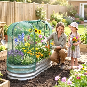 Outsunny Galvanized Raised Garden Bed with Crop Cage Protection Net Cover, Outdoor Planter Box for Vegetables, Flowers, Herbs