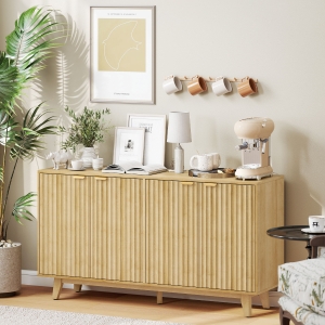 HOMCOM Fluted Sideboard Buffet Cabinet, 55" Coffee Bar Cabinet with 4 Doors, 2 Adjustable Shelves, 5 Wood Legs, Nature Wood