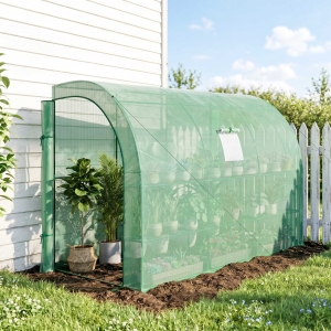 Outsunny Walk-in Wall Lean-to Greenhouse, 10' x 5' x 7' Outdoor Gardening Green House with PE Cover, Windows, Shelves and 2 Zipper Doors, Green