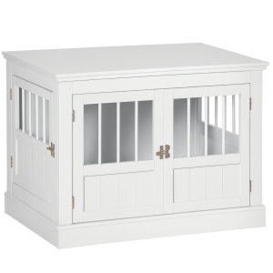 PawHut Wooden Dog Crate End Table, Dog Crate Furniture with Triple Doors, Puppy Crate for Small Dogs Indoor Use, White