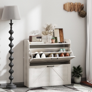 HOMCOM Narrow Shoe Storage Cabinet, Farmhouse Slim Shoe Cabinet with 2 Flip Drawers, Adjustable Shelves, White Oak