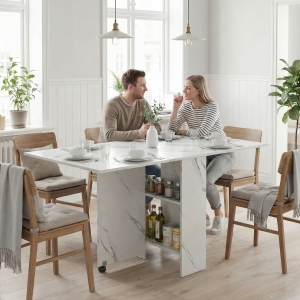 HOMCOM Extendable Dining Table, Collapsible Folding Table with 2-tier Shelves and Rolling Casters, Marble White