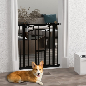 PawHut Auto-Close Pet Gate, Stair Gate with Cat Door, Double Locking for Doorways Hallways Stairs, Fits 29"-31.5" Wide, Black