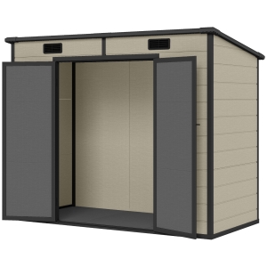 Outsunny 8' x 4' Plastic Outdoor Storage Shed with Floor, Window, Lockable Doors and Vents for Backyard Patio Lawn, Light Brown