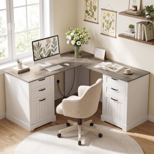 HOMCOM L Shaped Computer Desk with Power Outlets & USB Charging, Corner Desk with 6 Drawers, Hanging Bar, Brown and White